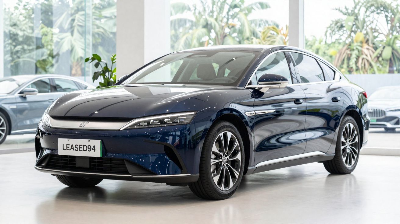 Carro elétrico de cor azul escuro, moderno, em showroom com janelas grandes e outras viaturas ao fundo.