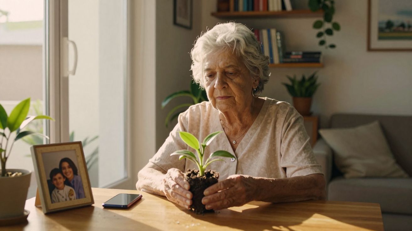 Idosa sentada à mesa a segurar uma planta jovem na sala iluminada pela luz natural.