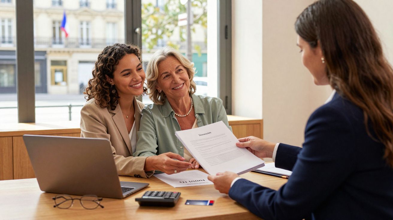 Duas mulheres a assinar um contrato com uma consultora num escritório moderno e luminoso.