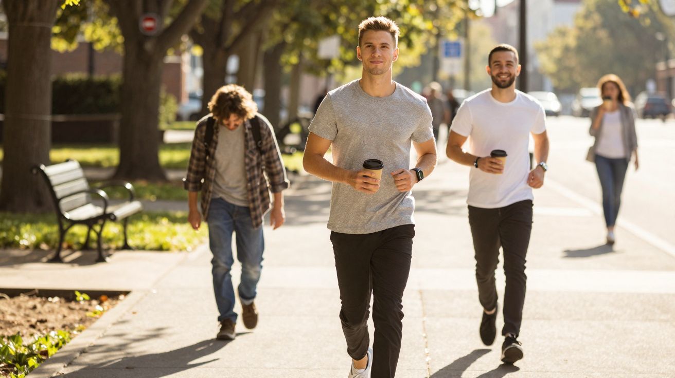 Três homens jovens a correr numa avenida urbana ensolarada, segurando copos de café para viagem.