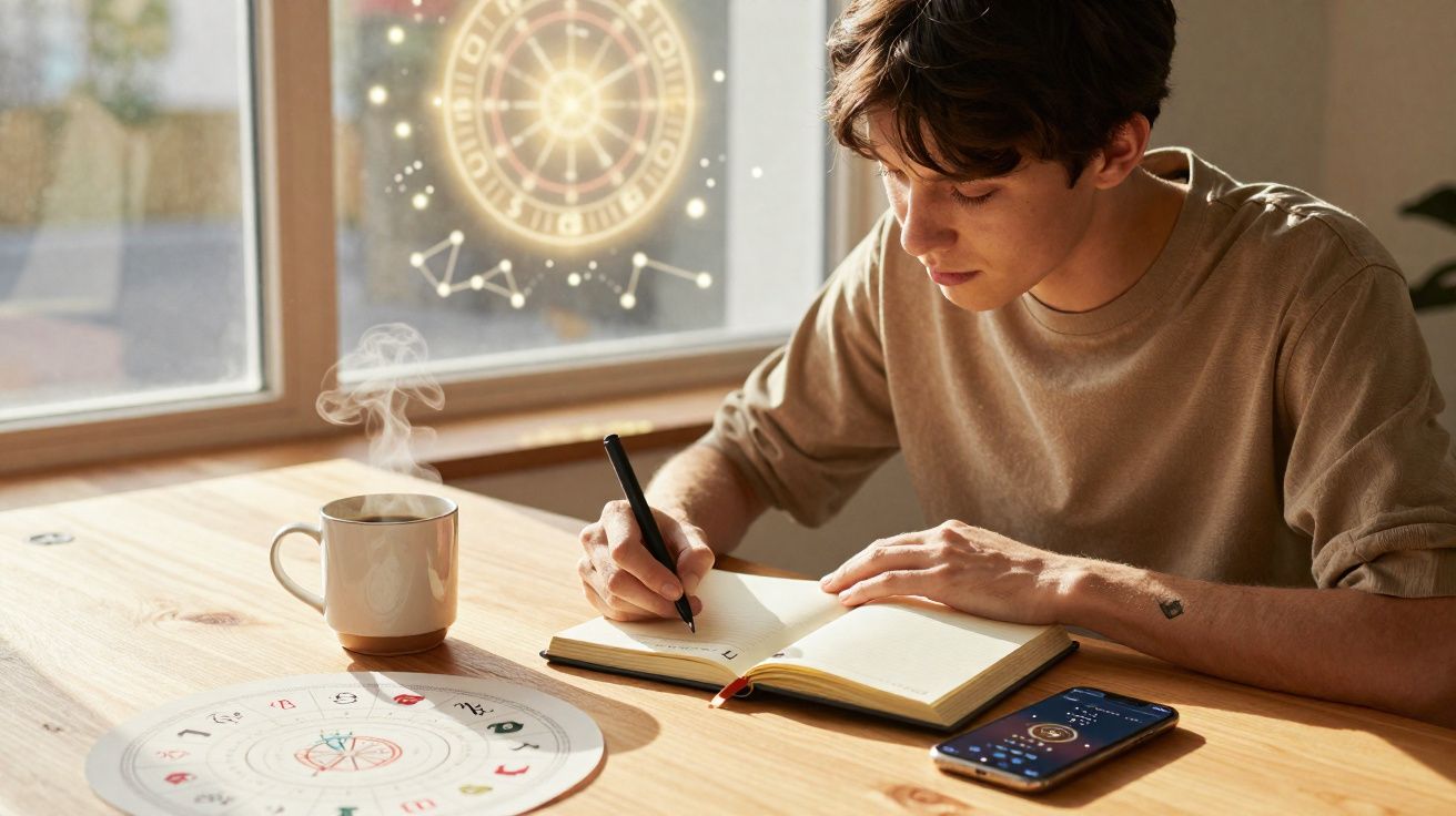 Jovem a escrever num caderno com chá quente, smartphone e símbolos astrológicos numa mesa junto a uma janela.