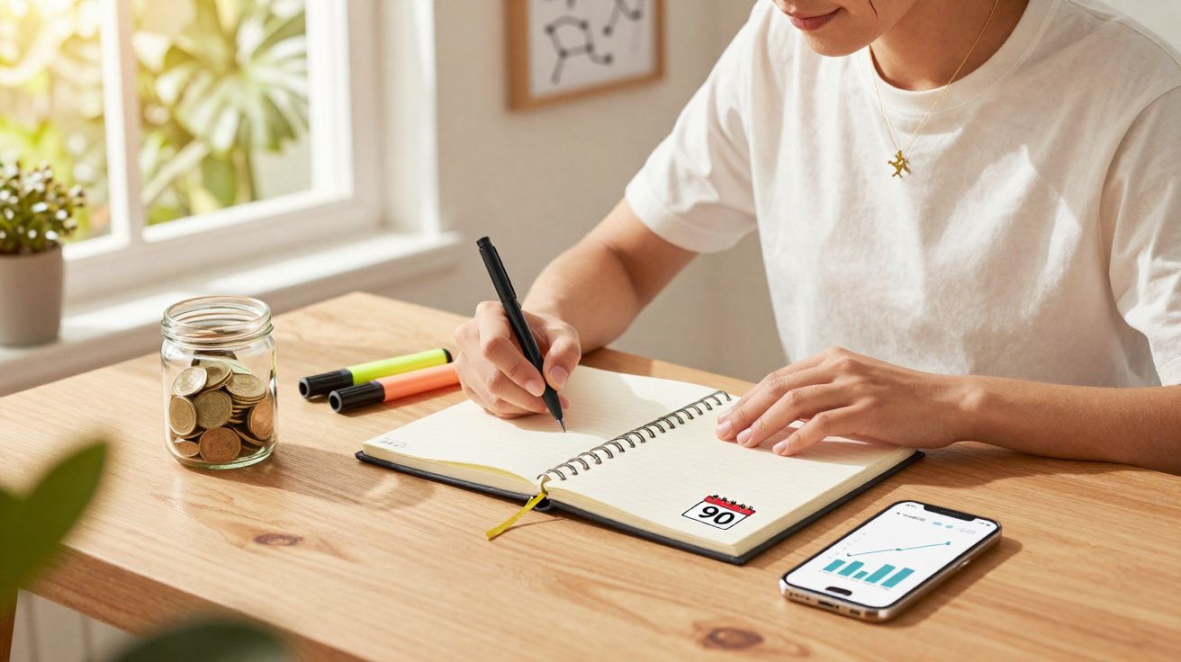 Pessoa a escrever num caderno numa mesa com um frasco de moedas, canetas e telemóvel com gráficos.
