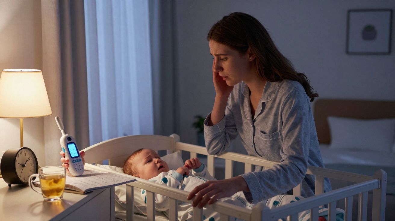 Mãe preocupada vê o bebé doente no berço à noite, segurando termómetro digital e com chá na mesa ao lado.