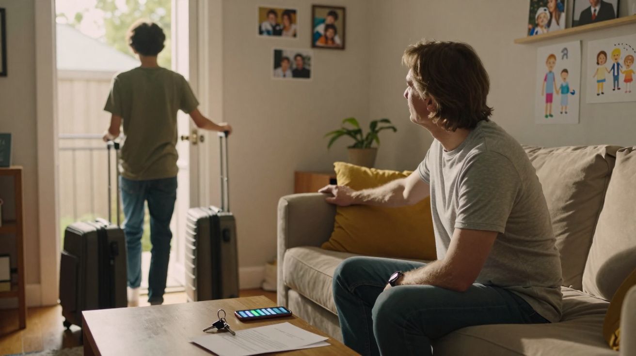 Homem sentado no sofá observa jovem com malas a sair pela porta de casa.