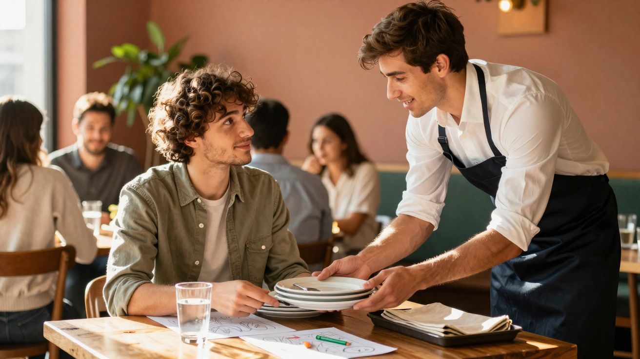 Empregado de restaurante a servir pratos a cliente sentado numa mesa com desenho e copo de água.