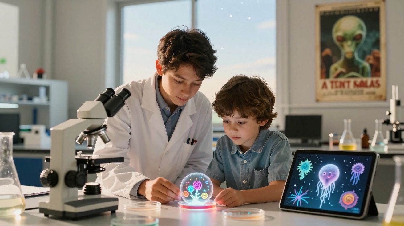 Criança e jovem cientista observam culturas bacterianas com microscópio e tablet num laboratório moderno.