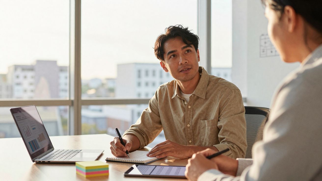Duas pessoas em reunião de trabalho num escritório com computador portátil e tablet numa mesa.
