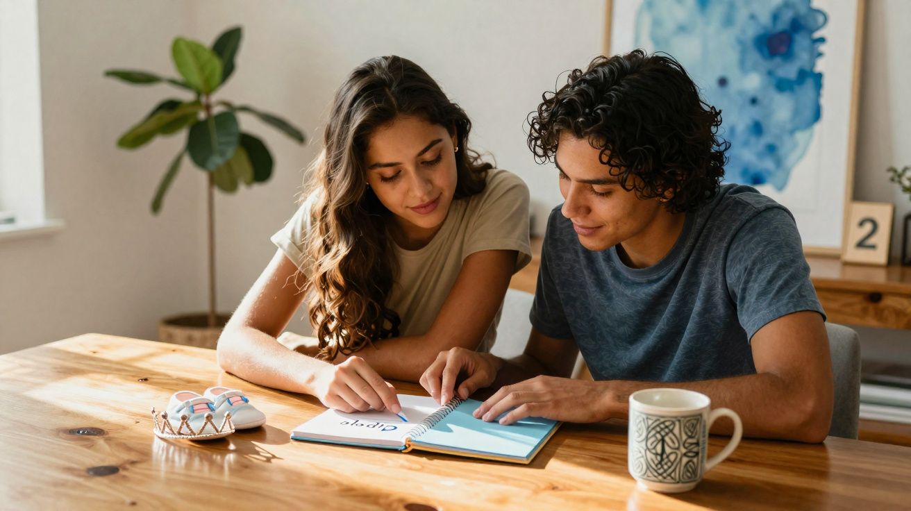 Jovem casal sentado à mesa a ler um livro de educação parental com sapatinhos de bebé ao lado.