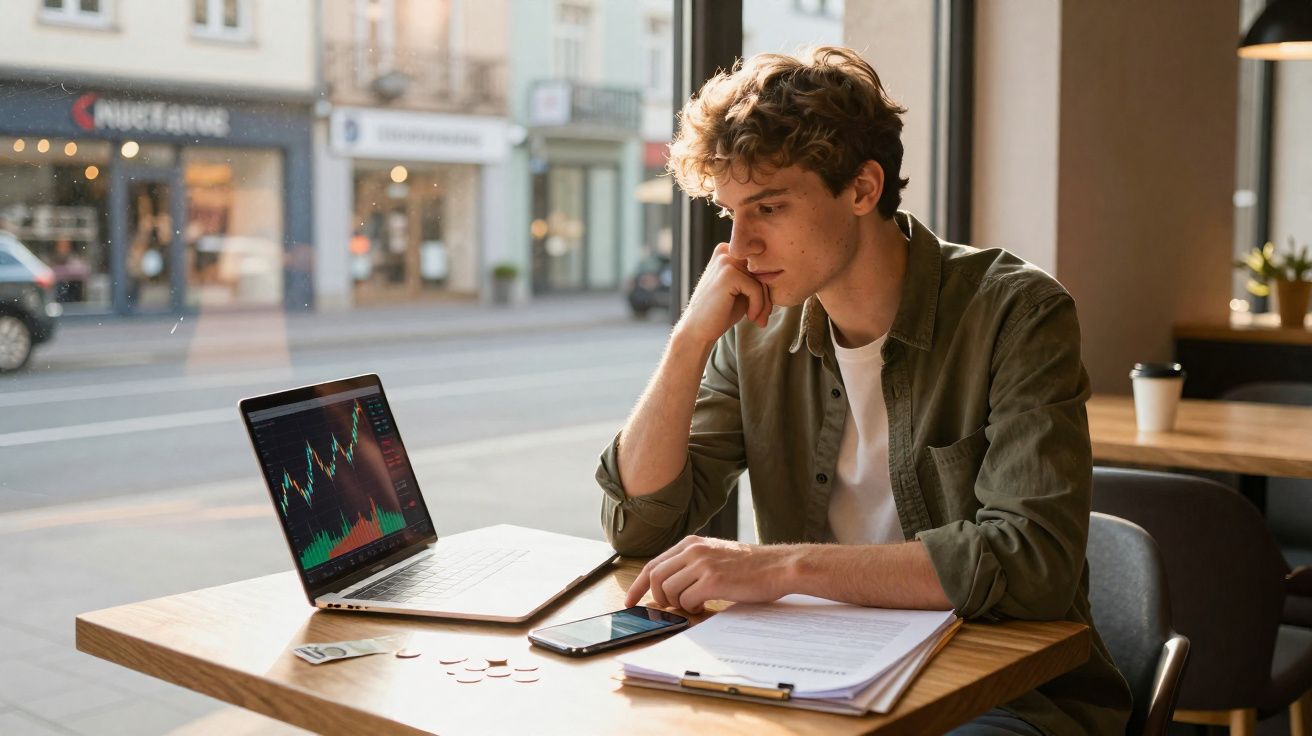 Homem jovem a analisar gráficos financeiros num computador portátil sentado numa mesa junto a uma janela.
