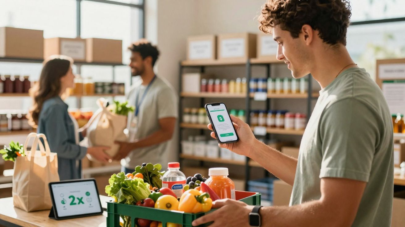 Jovem a usar telemóvel com app aberta, segurando caixa com legumes e frutas, em loja de alimentos orgânicos.