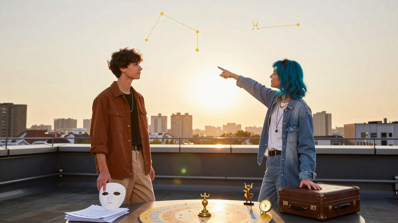 Dois jovens numa cobertura ao pôr do sol, com mapas astrológicos e sinais de constelações no céu.