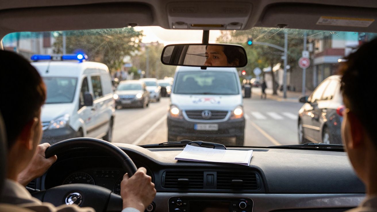 Interior de um carro com duas pessoas, vista da estrada com trânsito e veículos à frente ao pôr do sol.