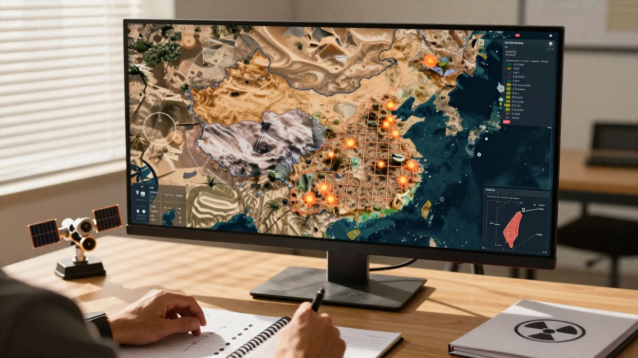 Pessoa a analisar mapa de risco ambiental numa área geográfica detalhada num ecrã de computador.