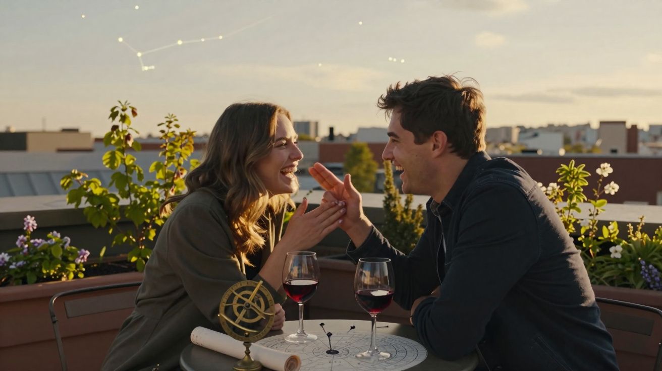 Casal sorridente sentado numa mesa ao ar livre com taças de vinho e mapa astral ao entardecer.