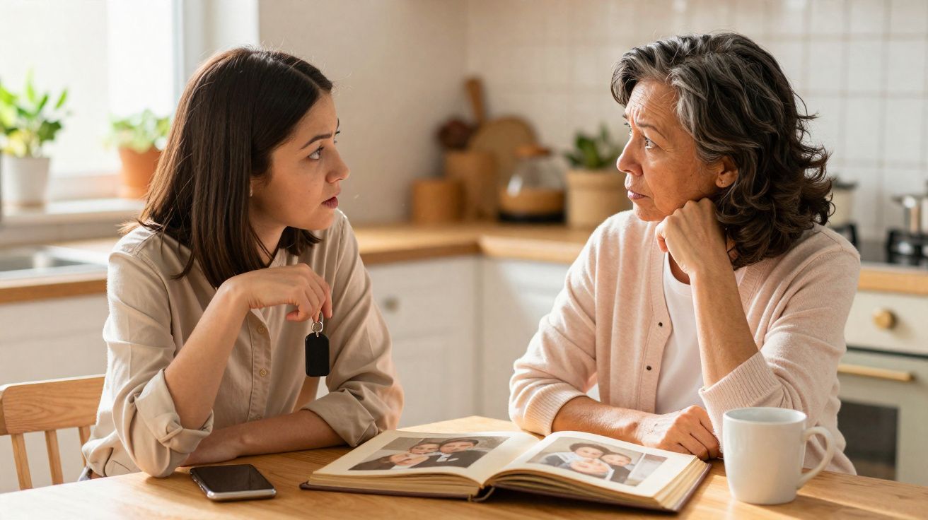 Duas mulheres numa cozinha a conversar, uma segura uma chave e há um álbum de fotos aberto na mesa.