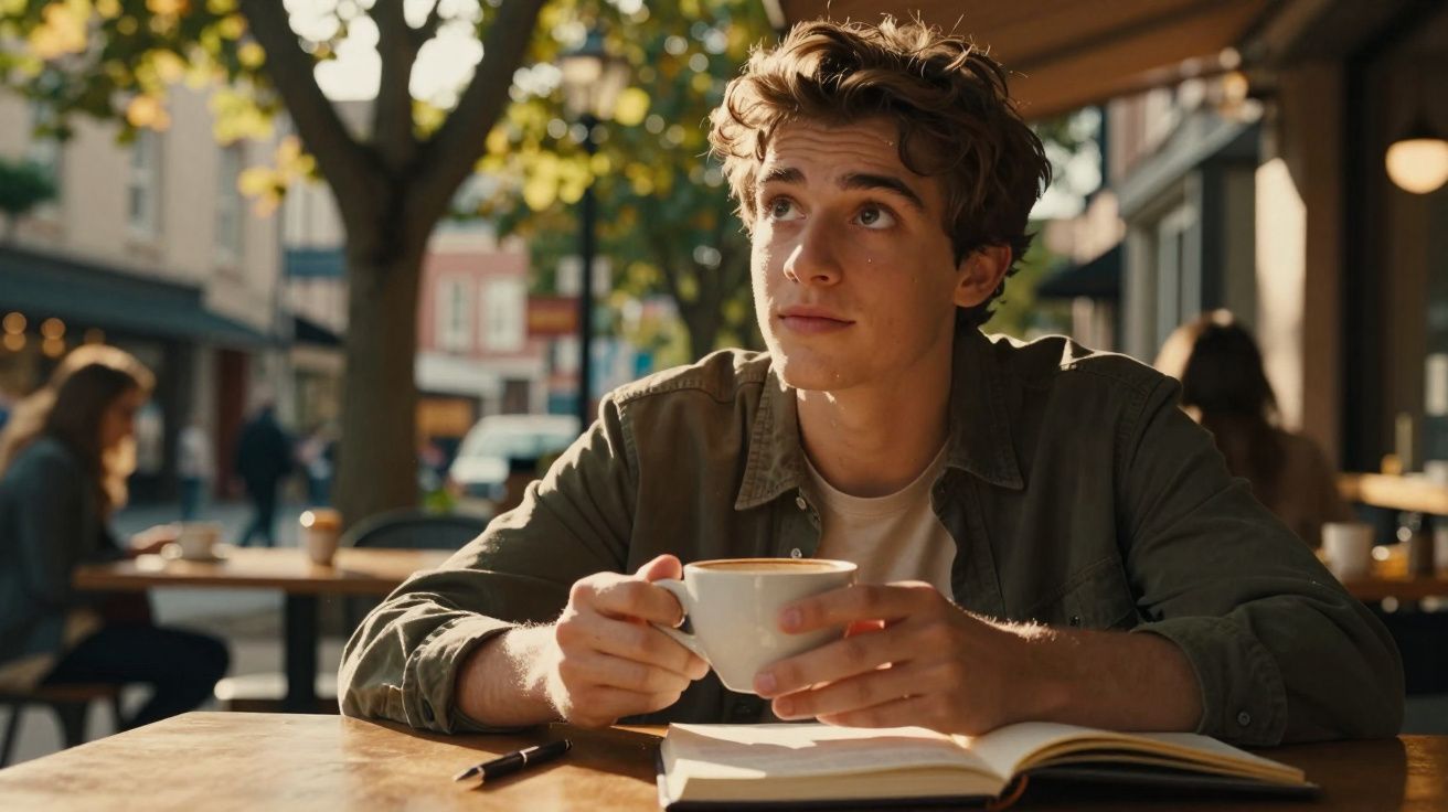 Jovem a beber café num café ao ar livre, com um livro aberto à sua frente numa mesa de madeira.