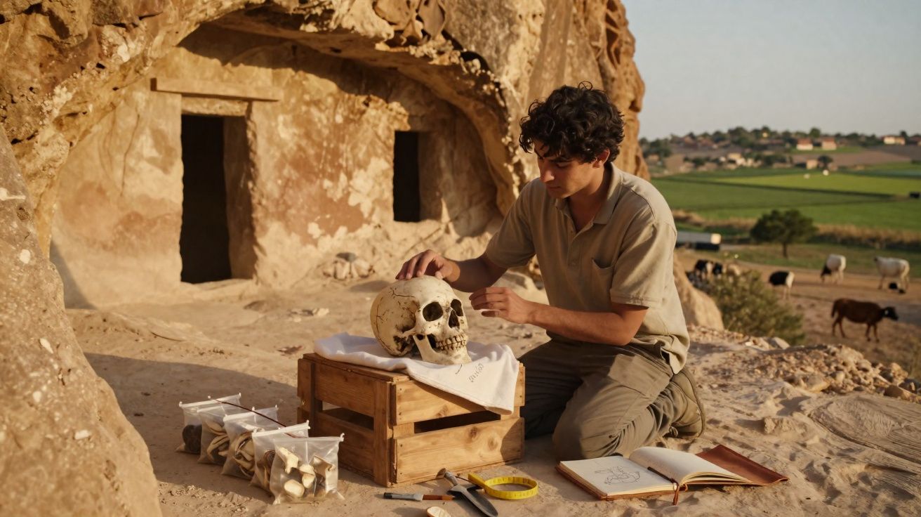Jovem arqueólogo examina um crânio humano junto a sacos com ossos e material de estudo numa caverna antiga.
