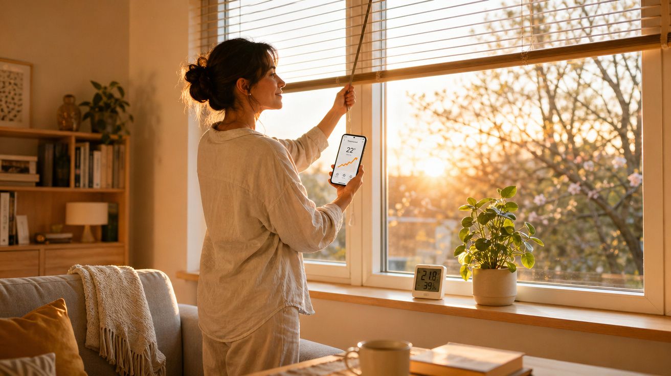 Mulher ajusta persiana elétrica com telemóvel numa sala acolhedora ao pôr do sol.