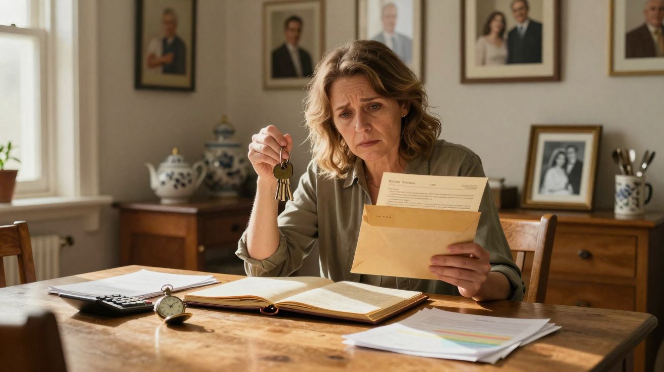 Mulher preocupada lê carta e segura chaves sentada à mesa com documentos e relógio antigo.