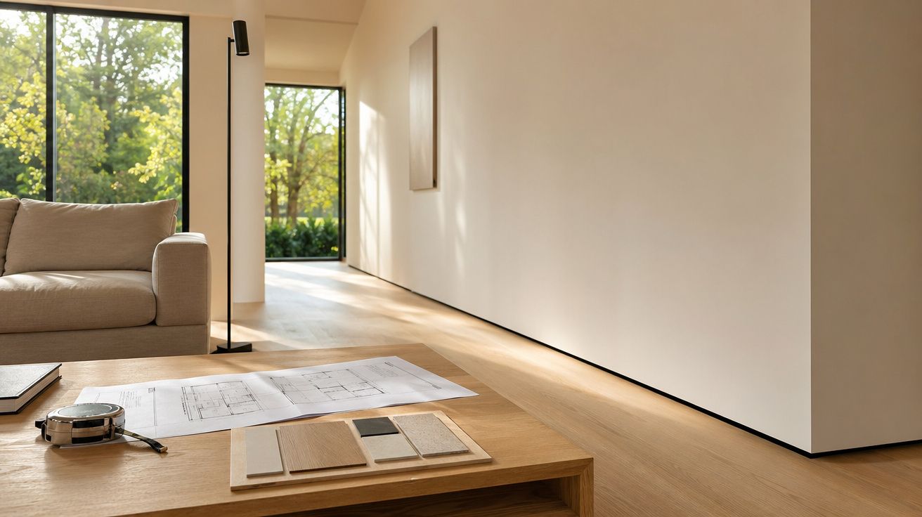Sala de estar minimalista com sofá bege, mesa de madeira com plantas, planta de arquitetura e janelas grandes.