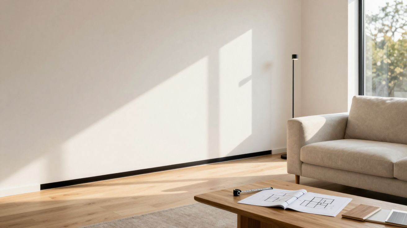 Sala de estar minimalista com sofá bege, mesa de madeira, caderno aberto e luz natural a entrar pela janela.