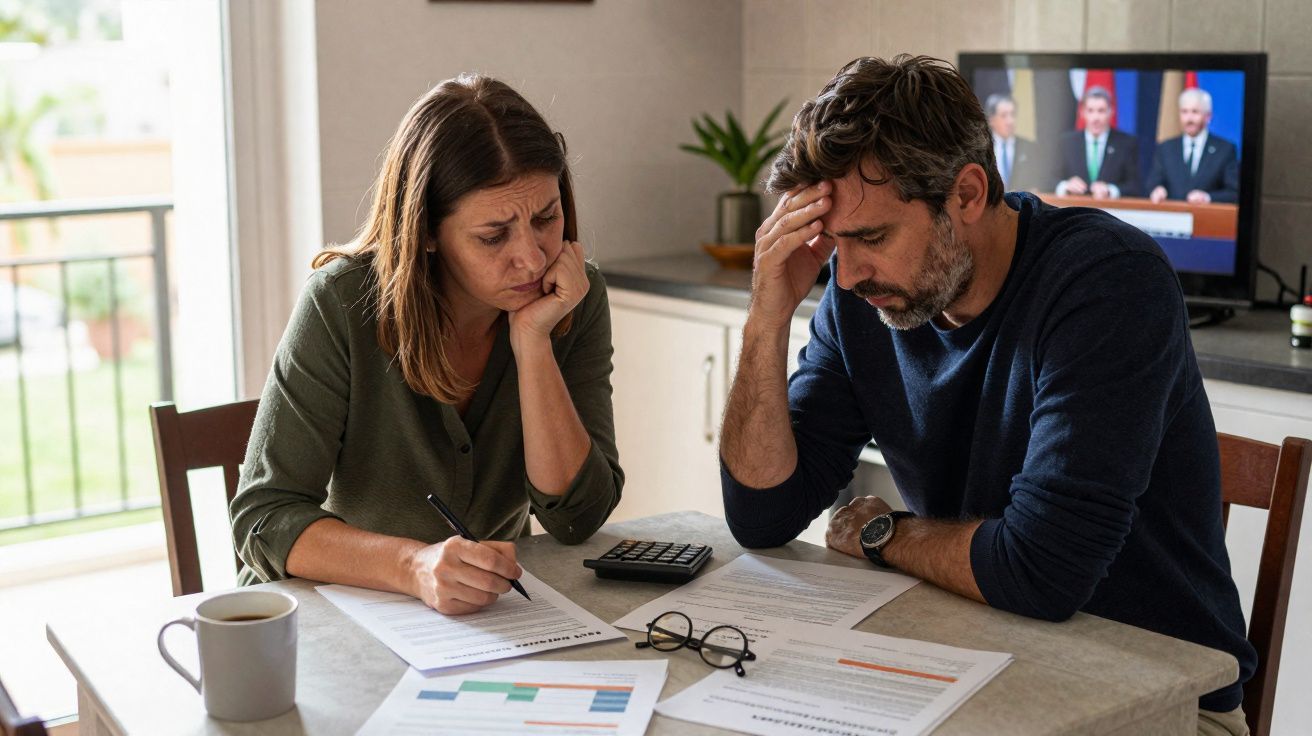 Casal preocupado analisa contas e documentos financeiros numa mesa com calculadora e chávena.