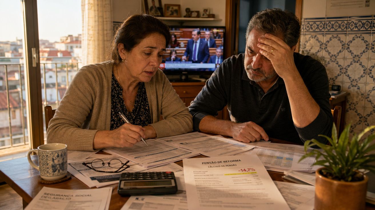 Casal sentado à mesa com documentos, calculadora e televisão ao fundo, aparentando preocupação financeira.