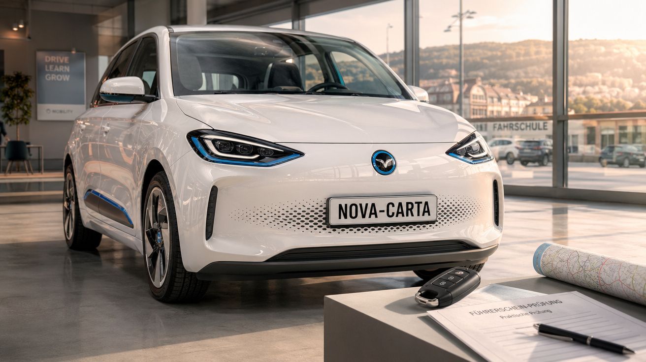 Carro elétrico branco estacionado numa exposição moderna com chave e mapa numa mesa em primeiro plano.