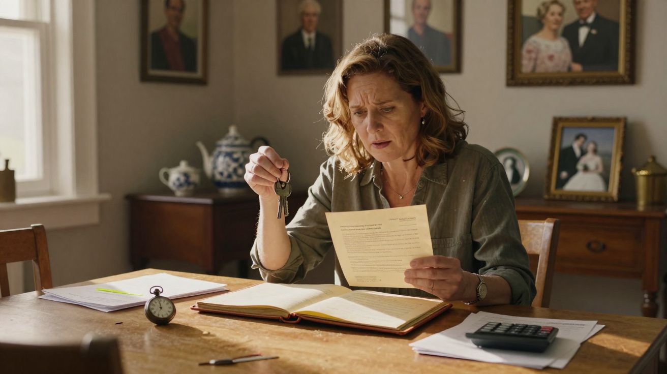 Mulher sentada à mesa, segurando chaves e lendo documento com expressão preocupada.